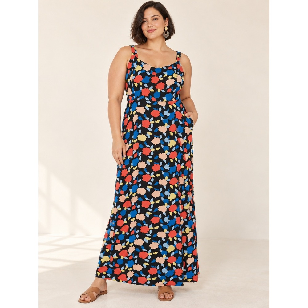 Boho Artsy Whimsigoth Floral Smocked Pockets Adjustable Straps XL Maxi Dress